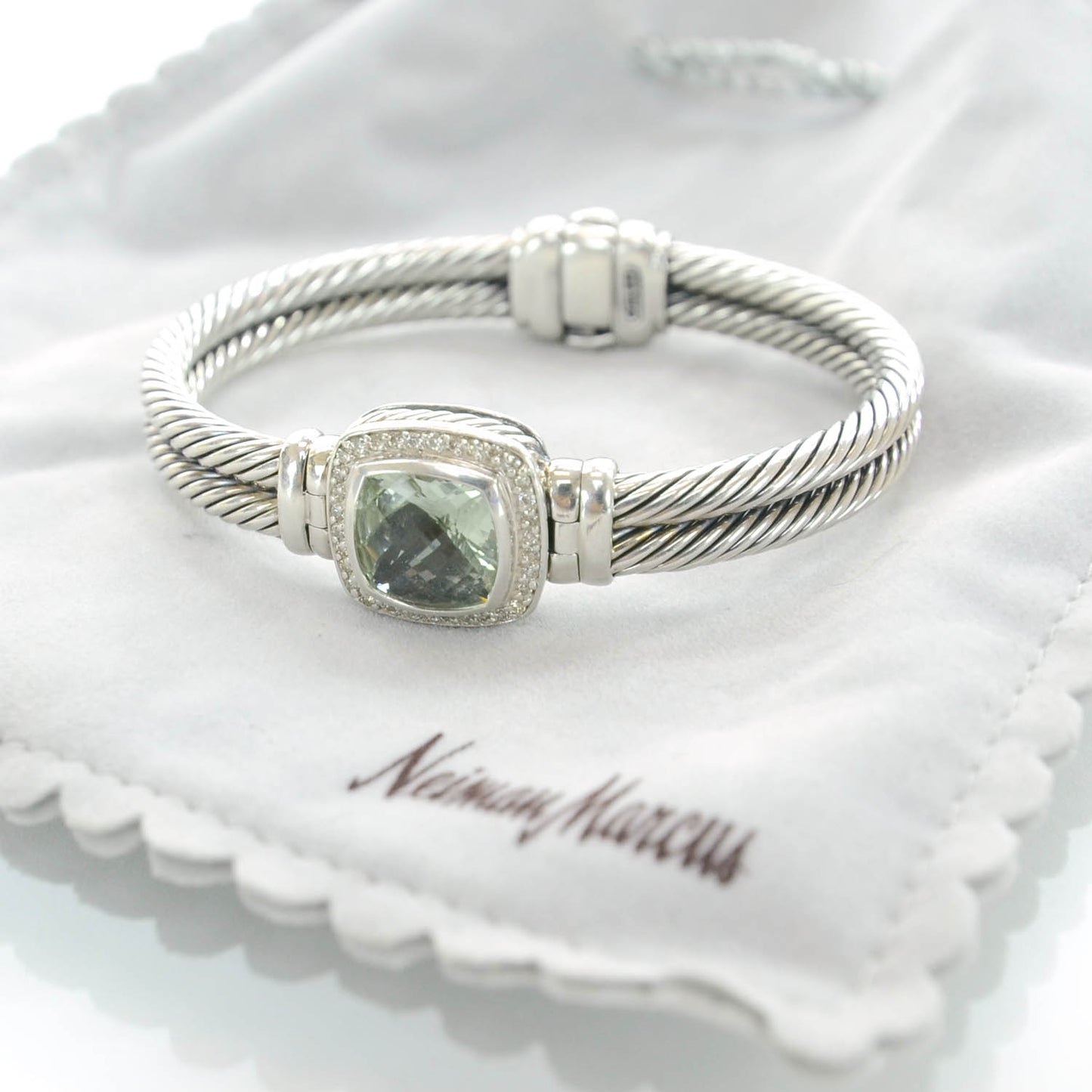 Sterling Silver Diamond Prasiolite 10mm Albion Cable Bracelet