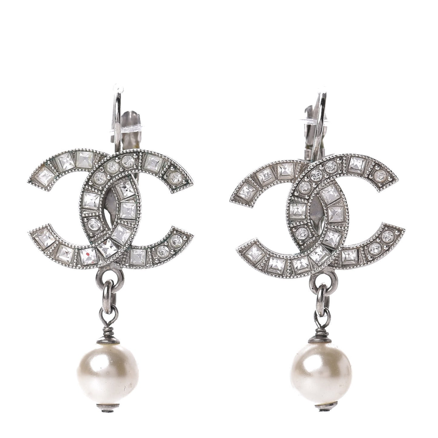Baguette Crystal Pearl CC Drop Earrings Silver