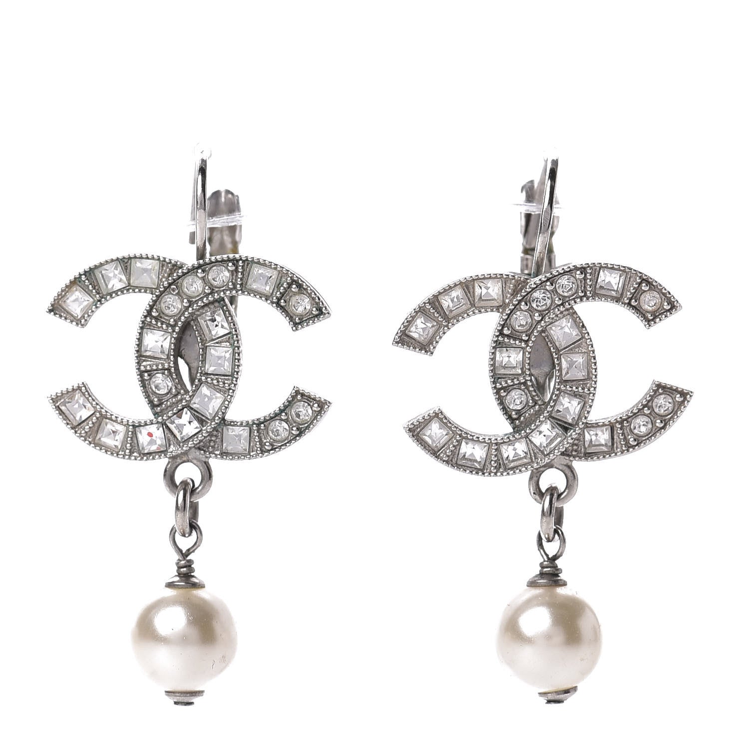 Chanel Baguette Crystal Pearl CC Drop Earrings Silver 1 of 4
