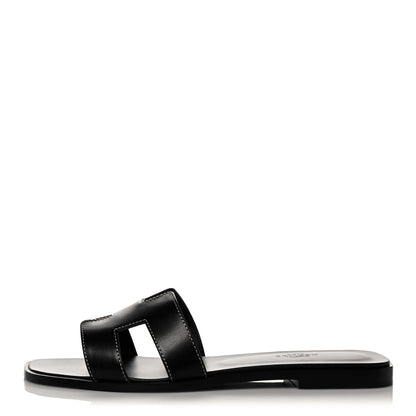 Hermes Box Calfskin Oran Sandals 38.5 Black 1 of 9