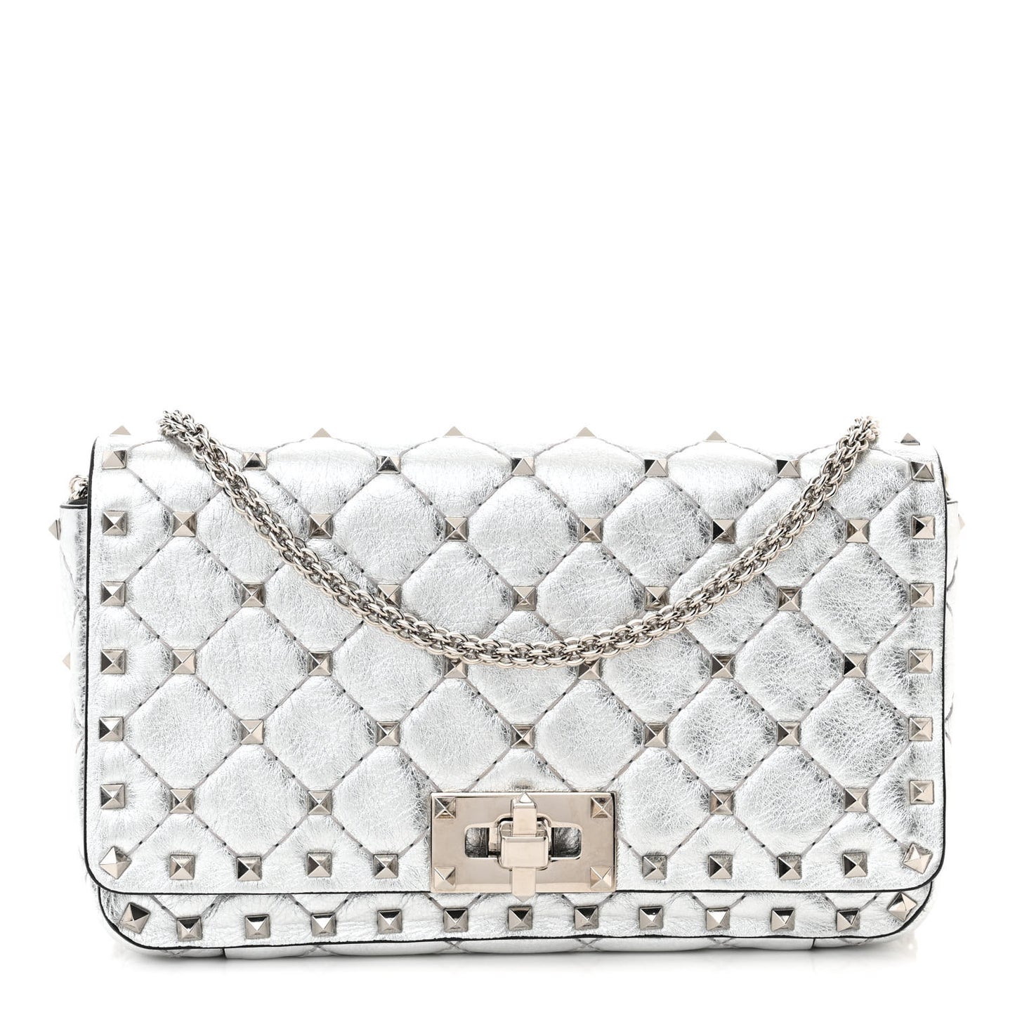 Metallic Nappa Rockstud Spike Shoulder Bag Silver