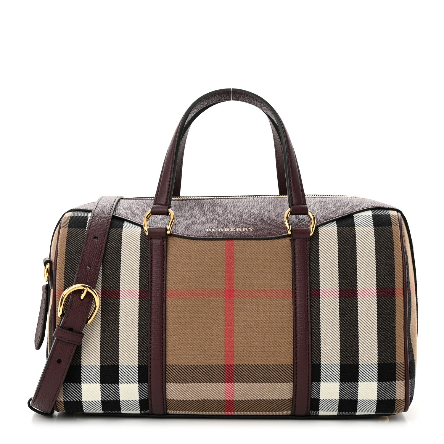 Burberry House Check Derby Calfskin Medium Alchester Bowling Bag Mahogany Red 1 of 14