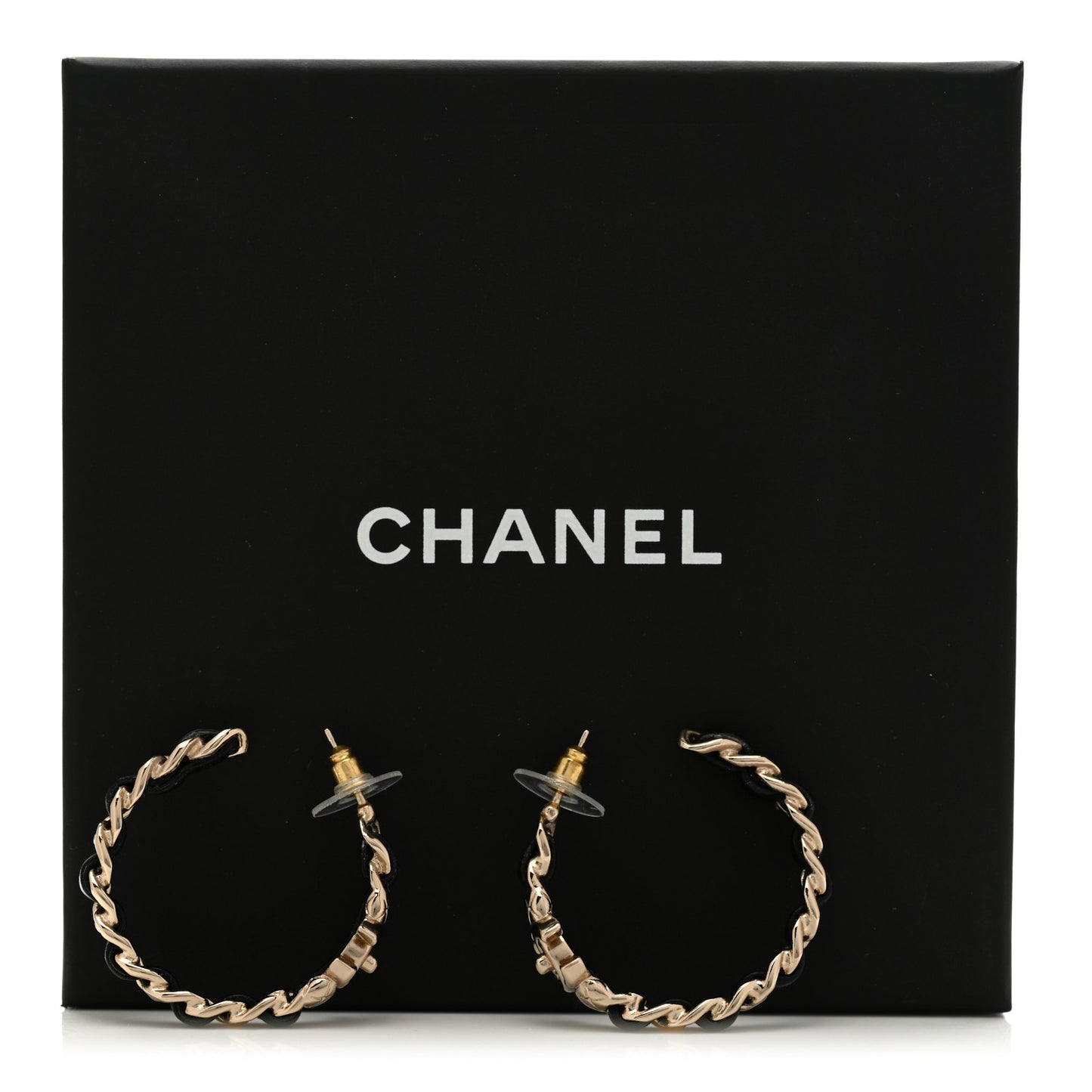 Lambskin CC Turnlock Chain Hoop Earrings Gold Black