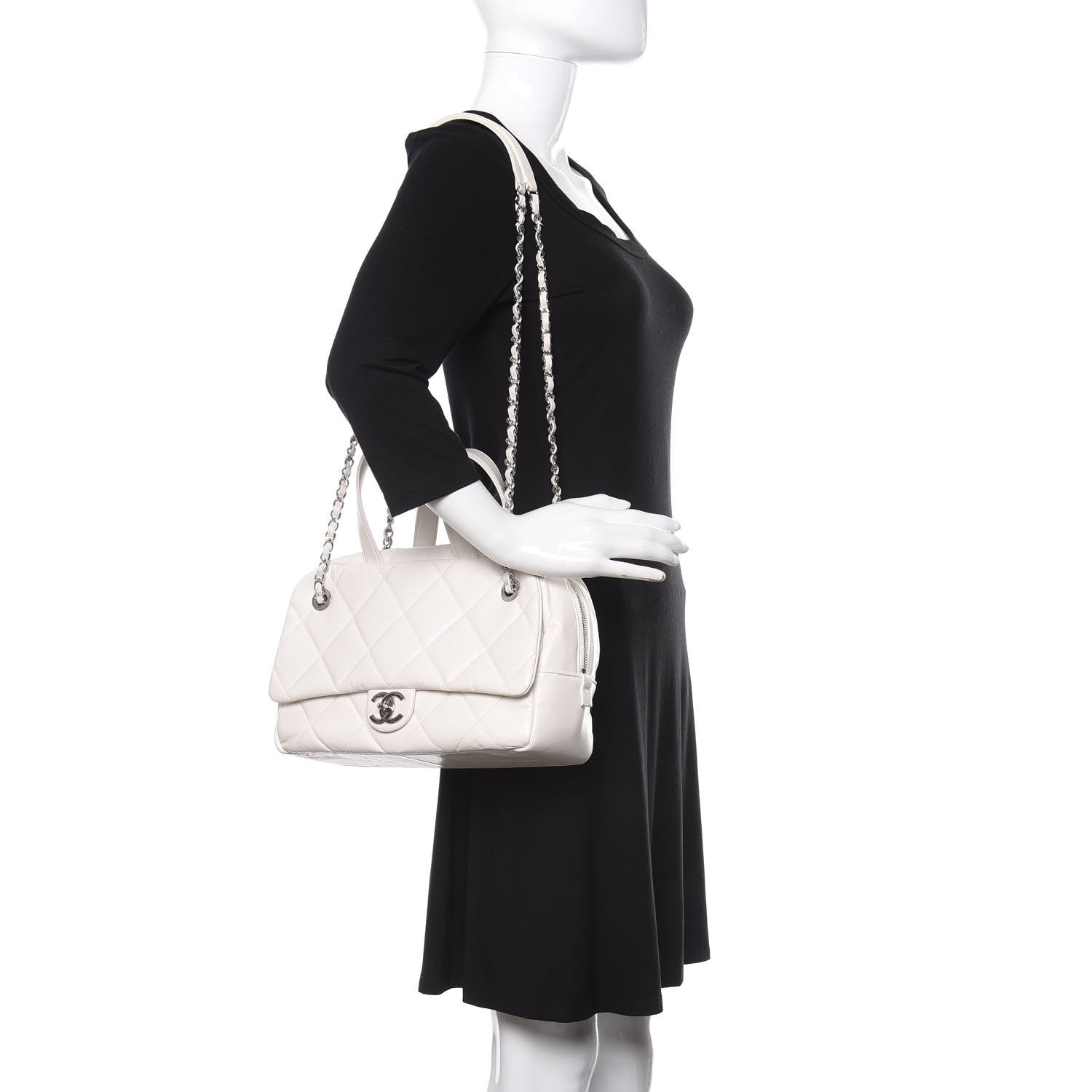Chanel Aged Calfskin Quilted Small Express Bowling Bag White 2 of 11