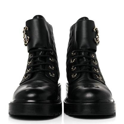 Chanel Lambskin Calfskin Quilted Lace Up Combat Boots 39.5 Black 4 of 16