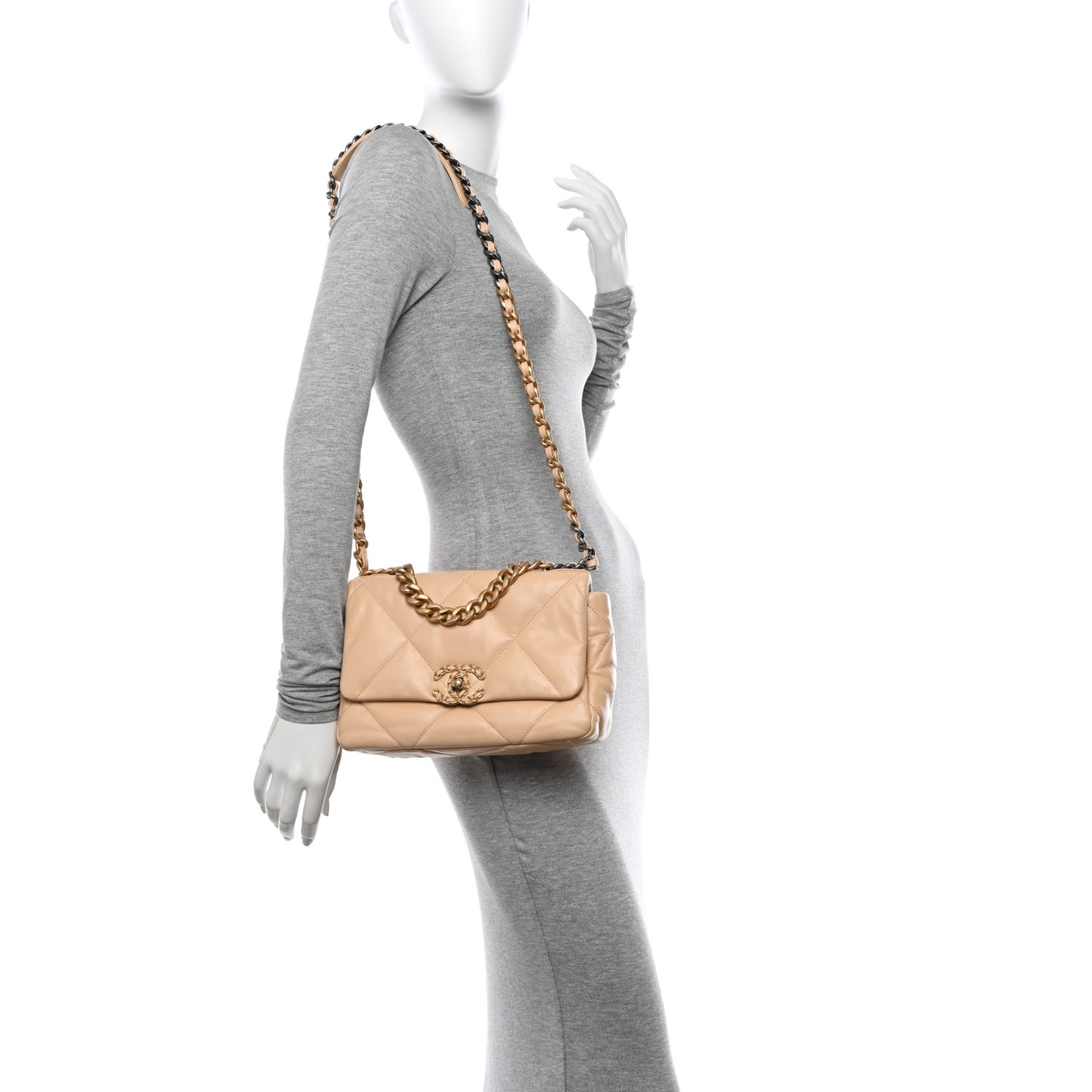 Shiny Goatskin Quilted Medium Chanel 19 Flap Beige