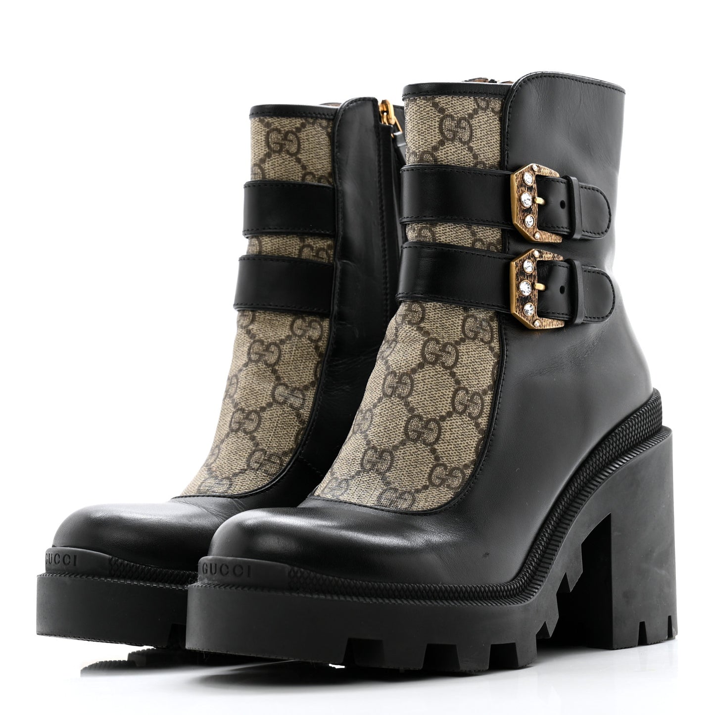 Kensington Calfskin Nappa GG Supreme Monogram Womens Double Buckle Ankle Boots 37.5 Black