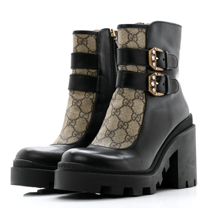 Gucci Kensington Calfskin Nappa GG Supreme Monogram Womens Double Buckle Ankle Boots 37.5 Black 3 of 14