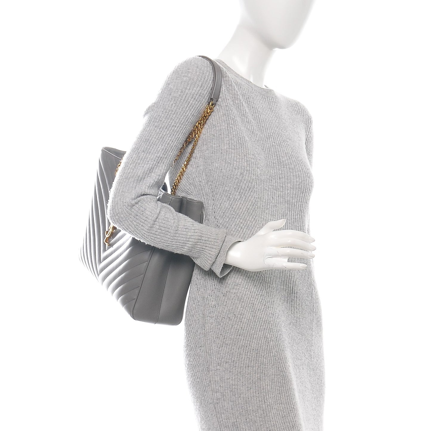 Smooth Calfskin Matelasse Chevron Large Monogram Shopping Bag Grey