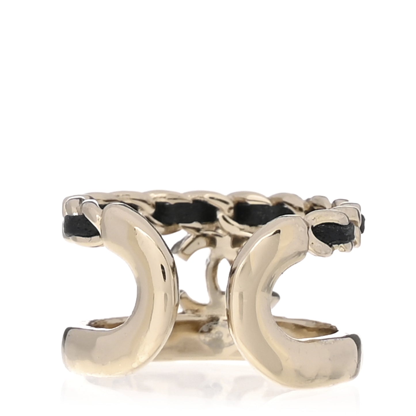 Metal Lambskin Chain CC Ring 7.25 Gold Black