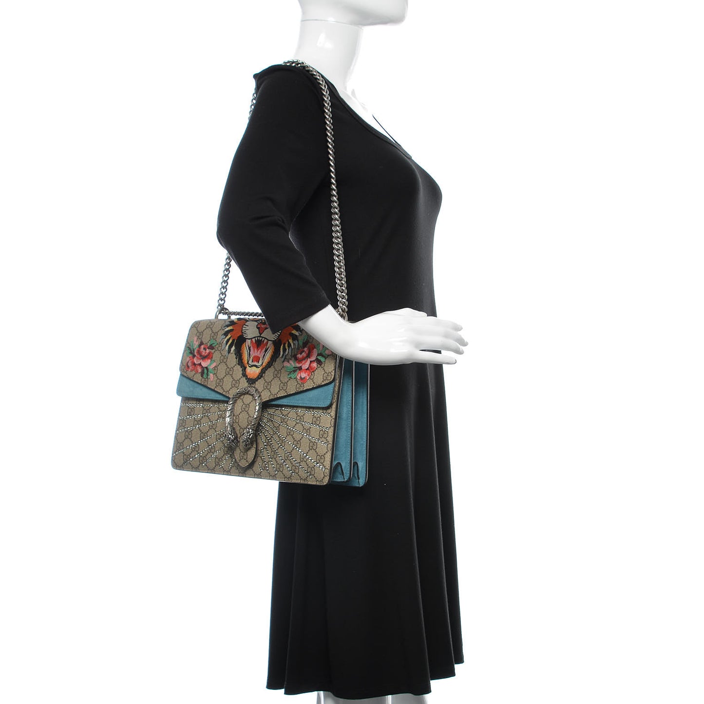 GG Supreme Monogram Angry Cat Embroidered Medium Dionysus Shoulder Bag Beige Ultramarine
