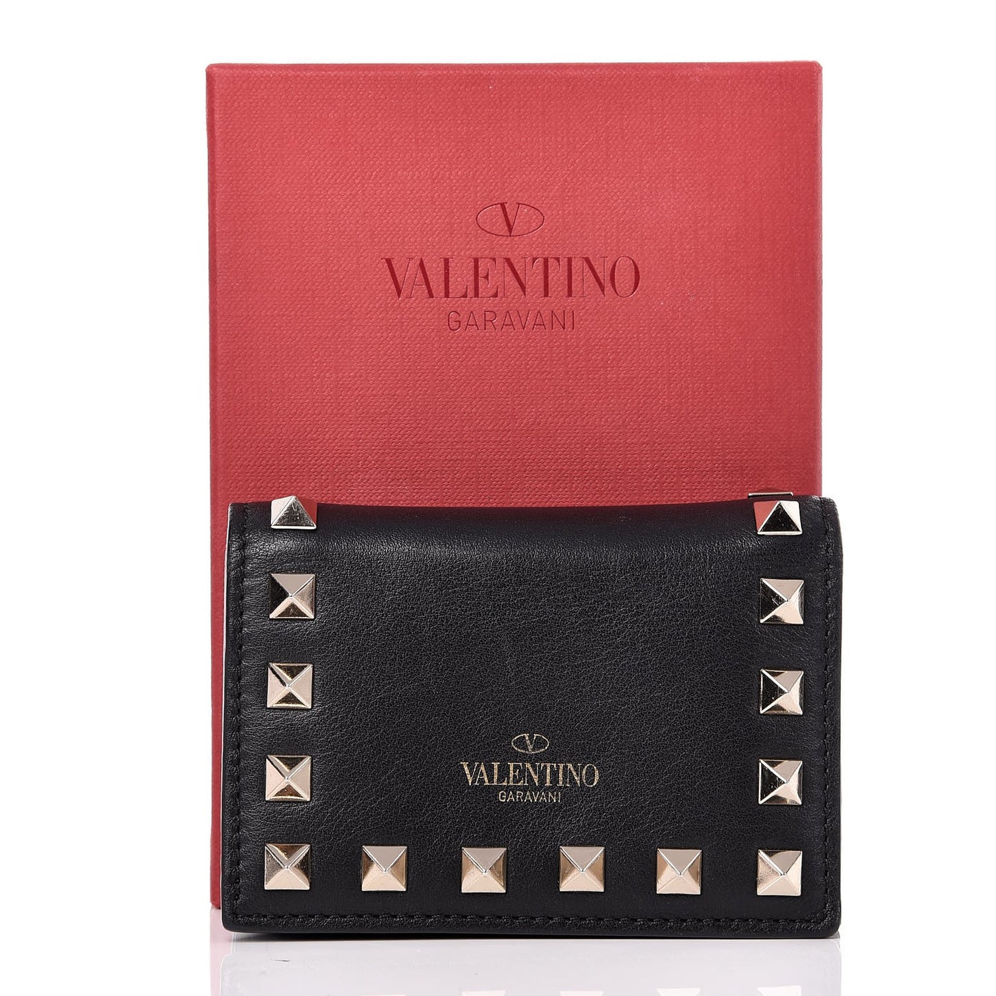 Calfskin Rockstud Bi-Fold Card Holder Black