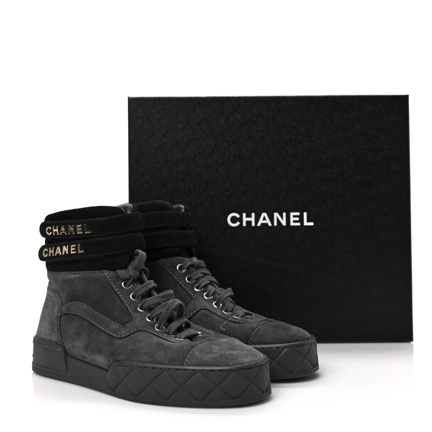 Chanel Suede Logo High Top Sneakers 37 Grey Black 8 of 8