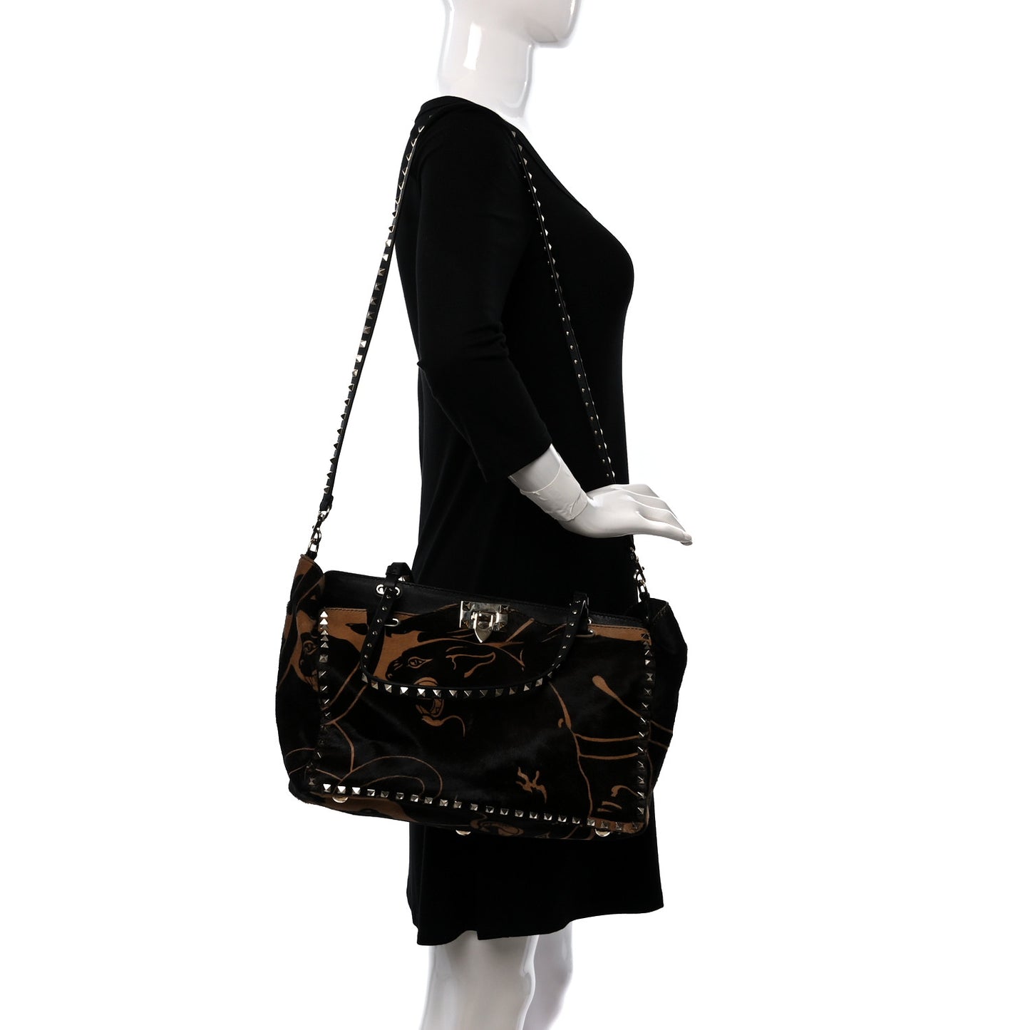 Calf Hair Jaguar Print Medium Rockstud Tote Beige Black