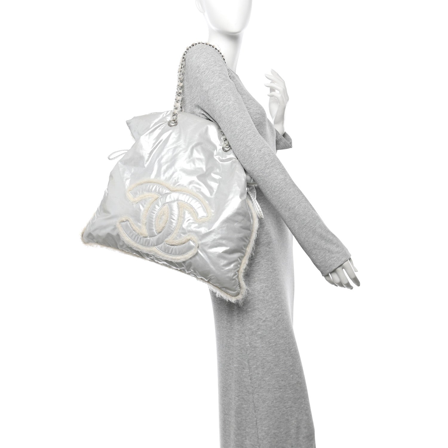 Chanel Vinyl Mohair Trimmed CC Bonbons Tote Silver 2 of 17