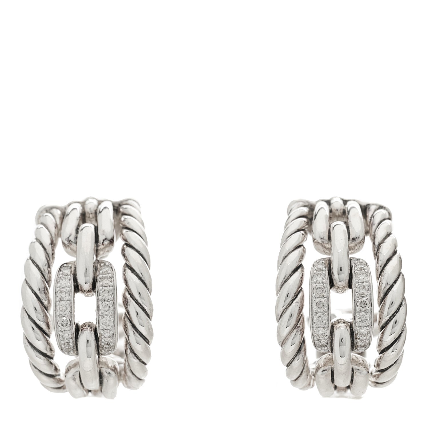 David Yurman Sterling Silver Diamond Wellesley Link Hoop Earrings 1 of 4
