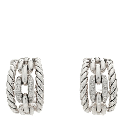 David Yurman Sterling Silver Diamond Wellesley Link Hoop Earrings 1 of 4