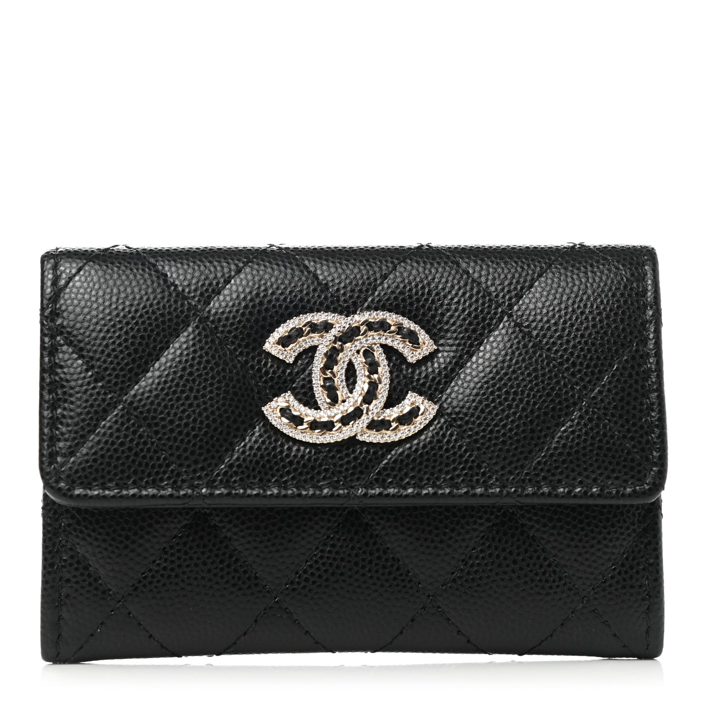Caviar Quilted Crystal CC Flap Card Holder Black