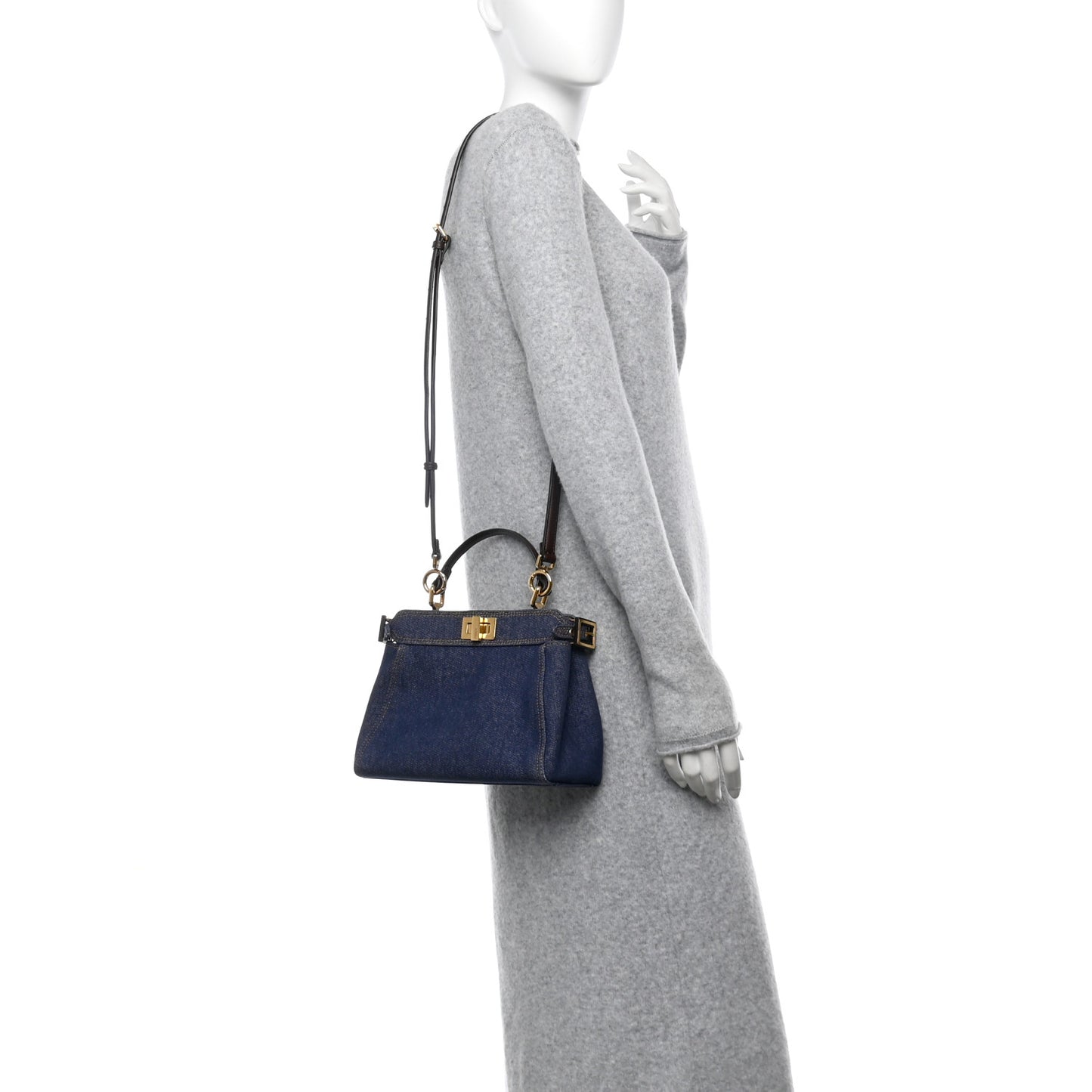 Denim Fabric Jacquard Cuoio FF 1974 Mini Peekaboo Iconic Satchel Blue Tobacco Moro