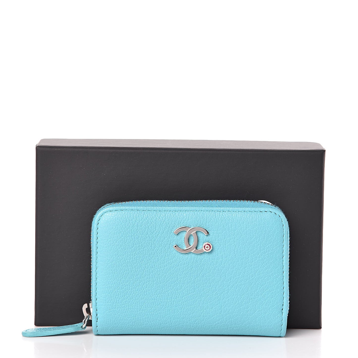 Goatskin Camellia Zip Coin Purse Blue