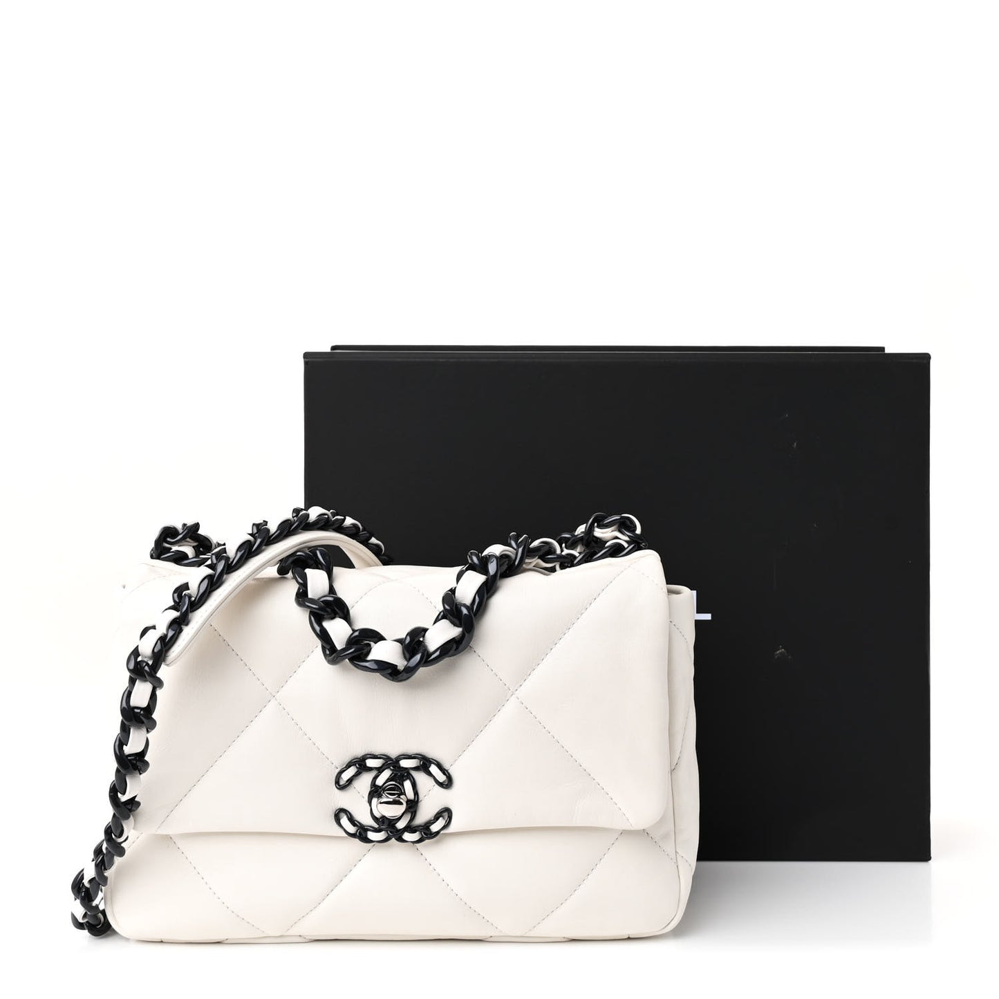 Glossy Calfskin Quilted Medium Chanel 19 Flap White Black