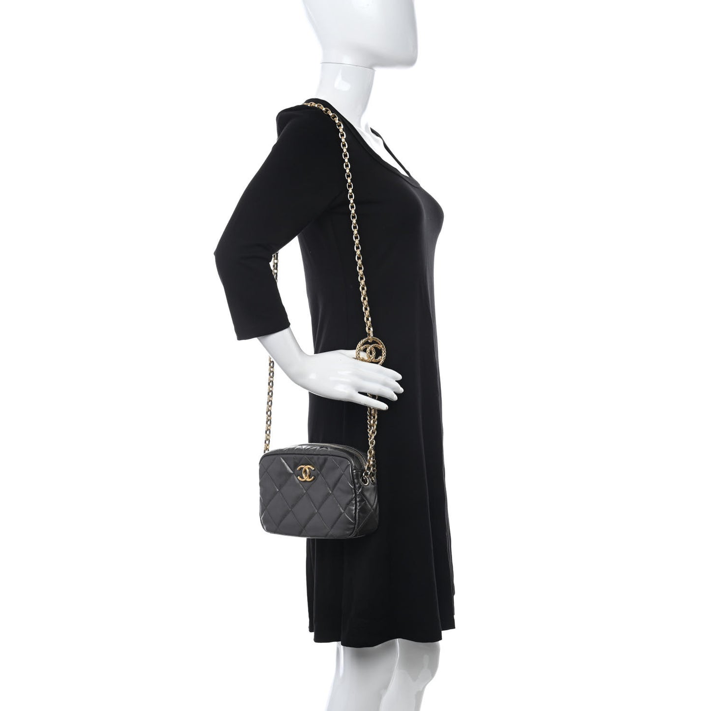 Metallic Calfskin Pearl Quilted CC Mini Camera Case Ruthenium