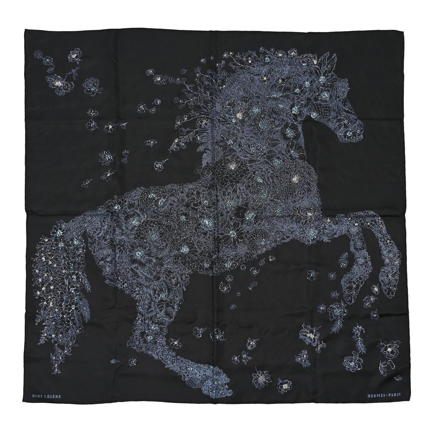 Silk Embroidered Robe Legere Scarf 90 Black Bleu