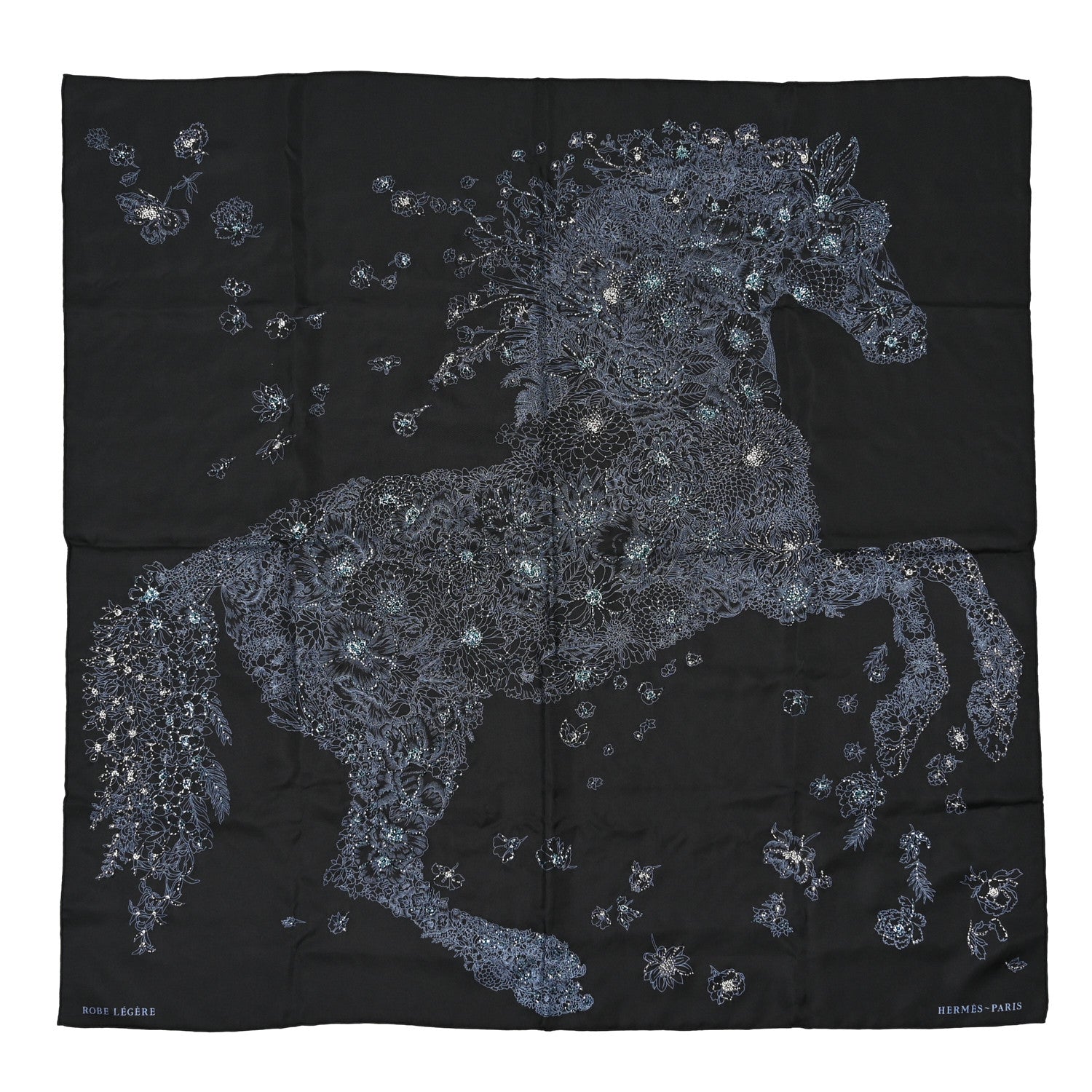 Hermes Silk Embroidered Robe Legere Scarf 90 Black Bleu 1 of 4