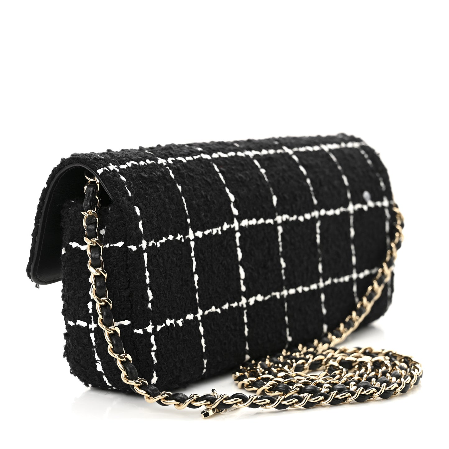 Tweed Quilted East West Camellia Clutch  Black White