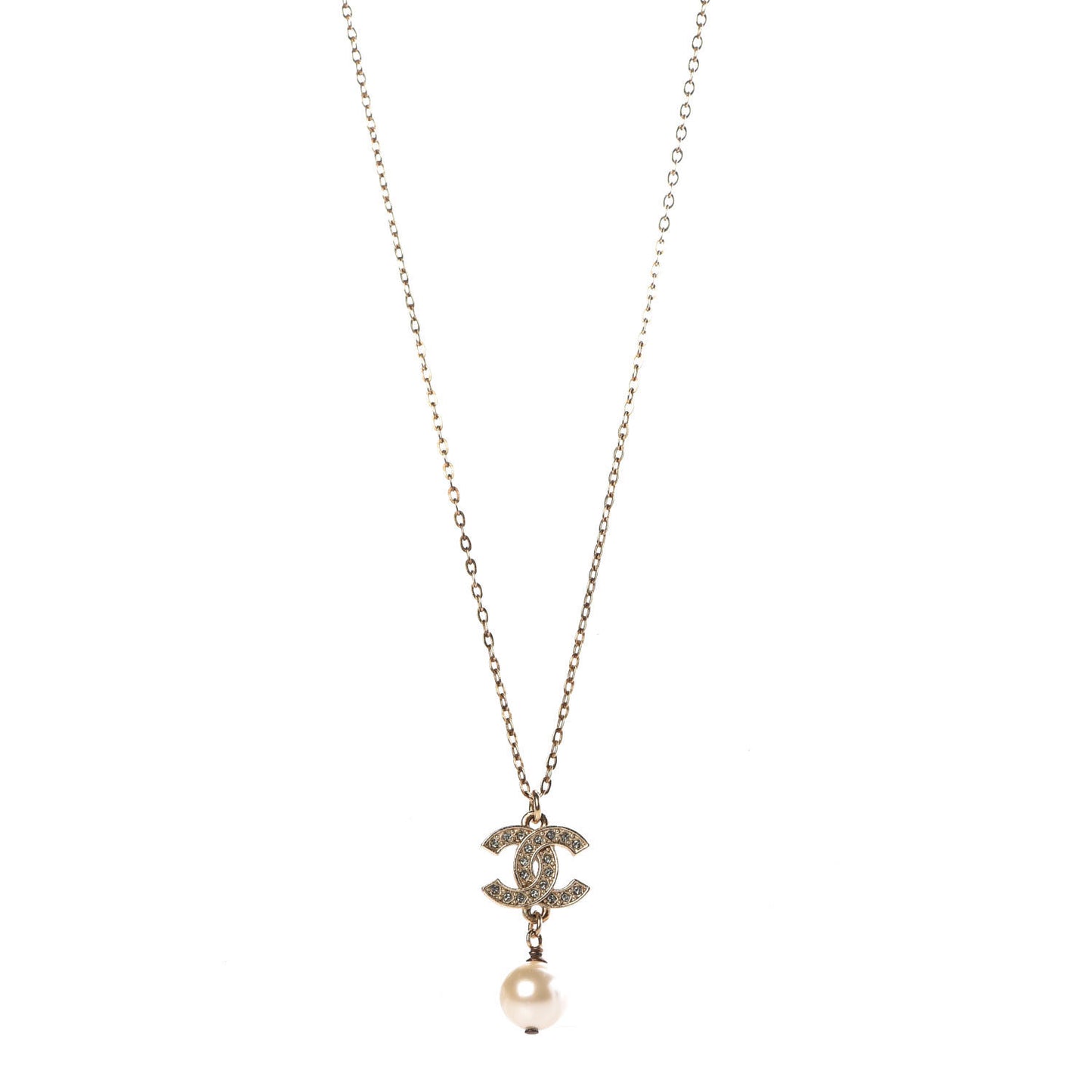 Pearl Crystal CC Drop Necklace Gold