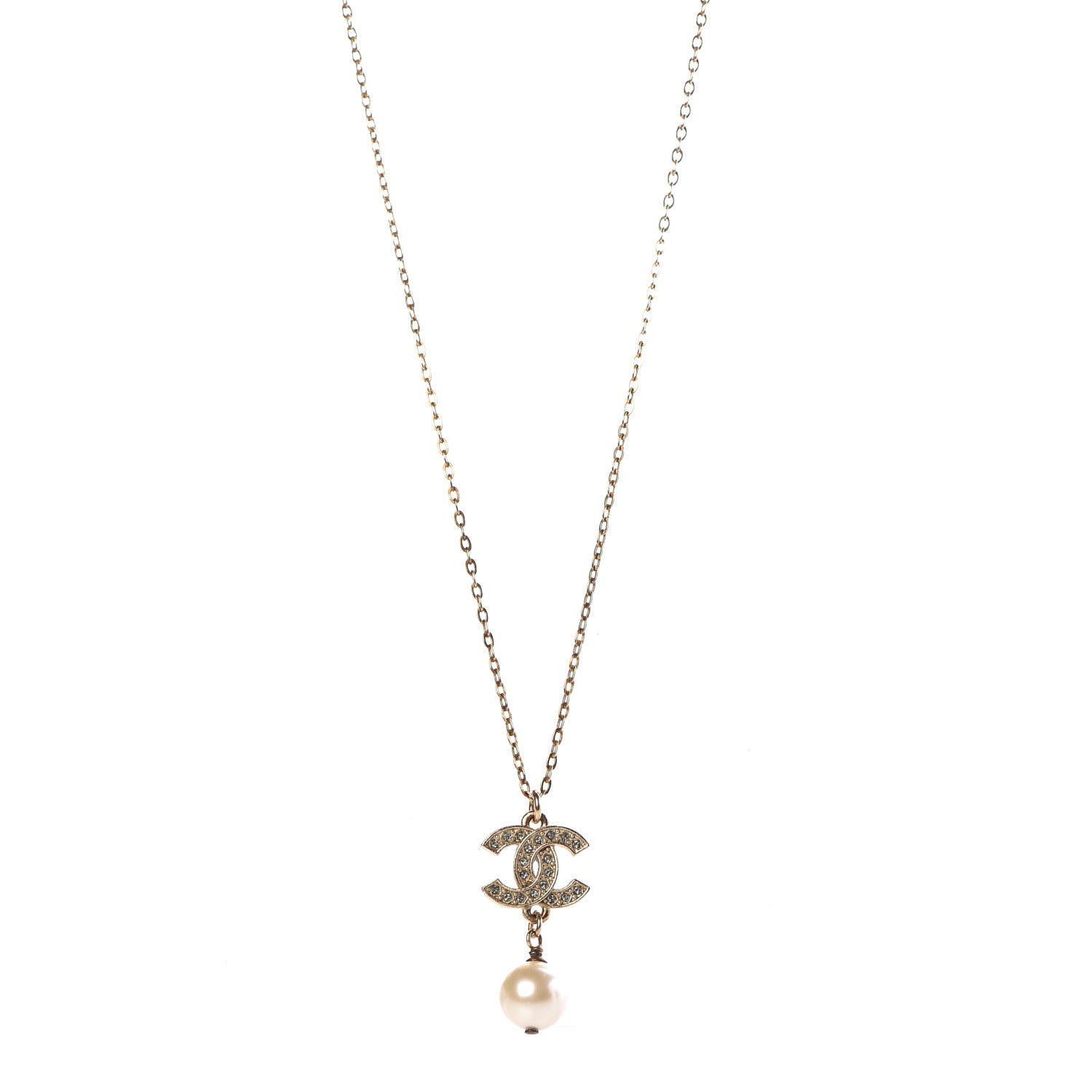 Chanel Pearl Crystal CC Drop Necklace Gold 1 of 6