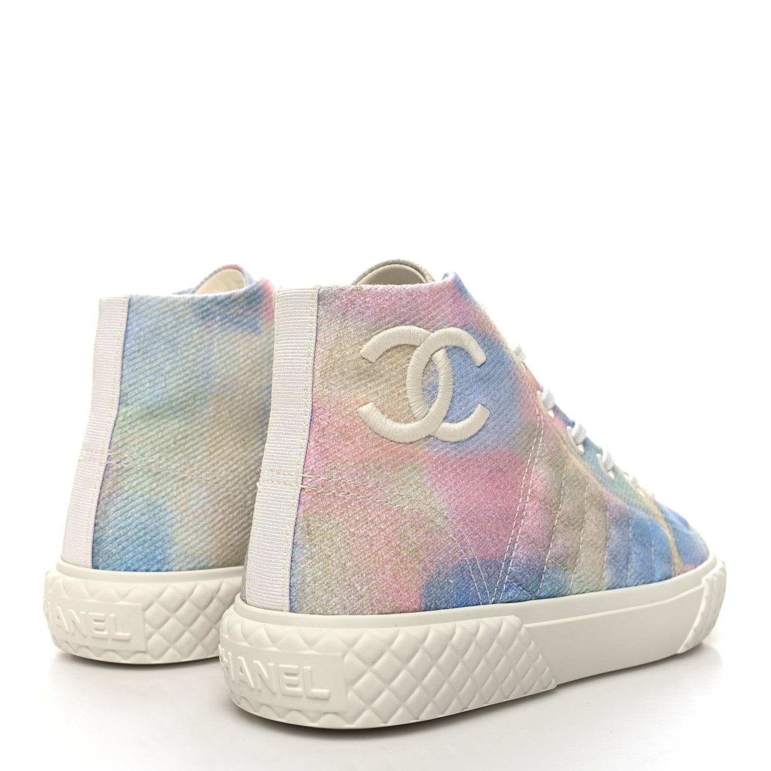 Chanel Printed Fabric Quilted High Top CC Sneakers 37 Green Pink Blue White 4 of 9