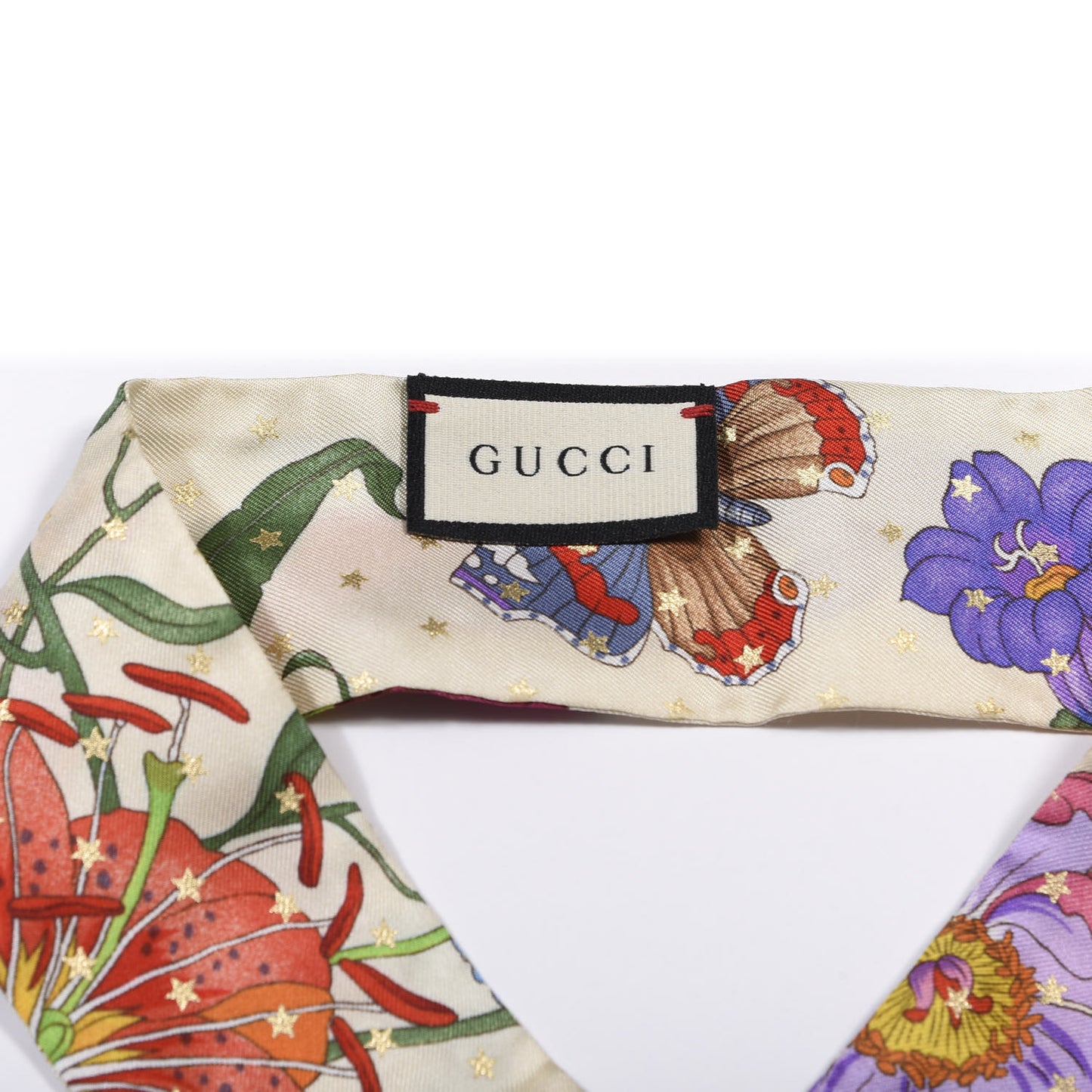 Twill Silk Flora Star Print Neck Bow Scarf Ivory