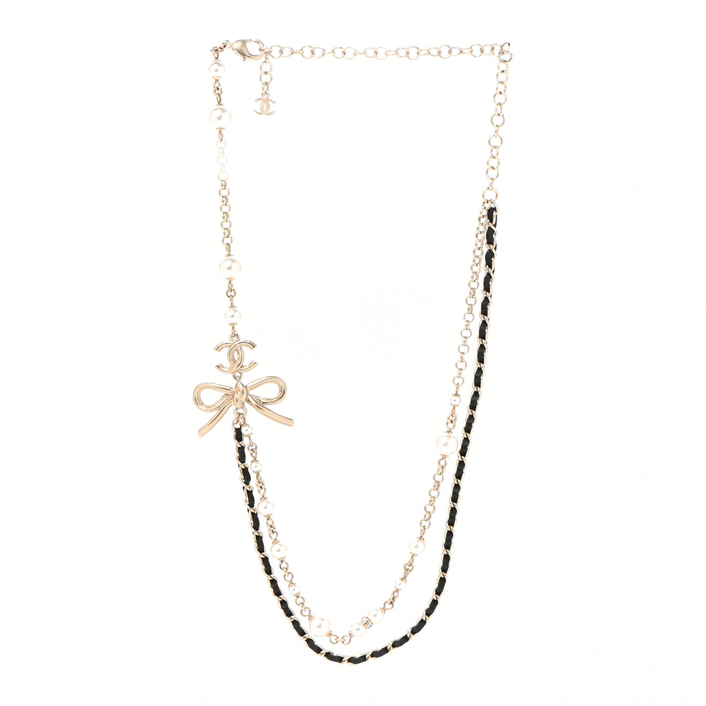 Calfskin Pearl Metal CC Bow Necklace Gold White Black