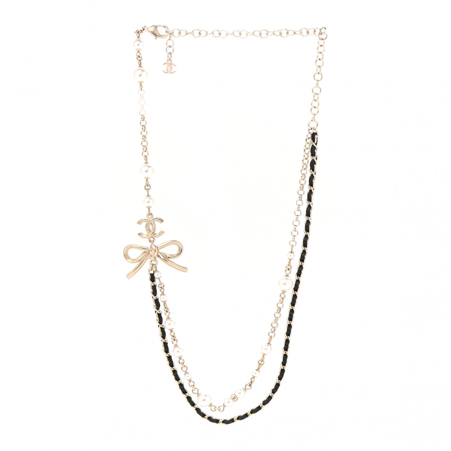 Chanel Calfskin Pearl Metal CC Bow Necklace Gold White Black 3 of 6