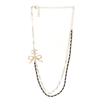 Chanel Calfskin Pearl Metal CC Bow Necklace Gold White Black 3 of 6