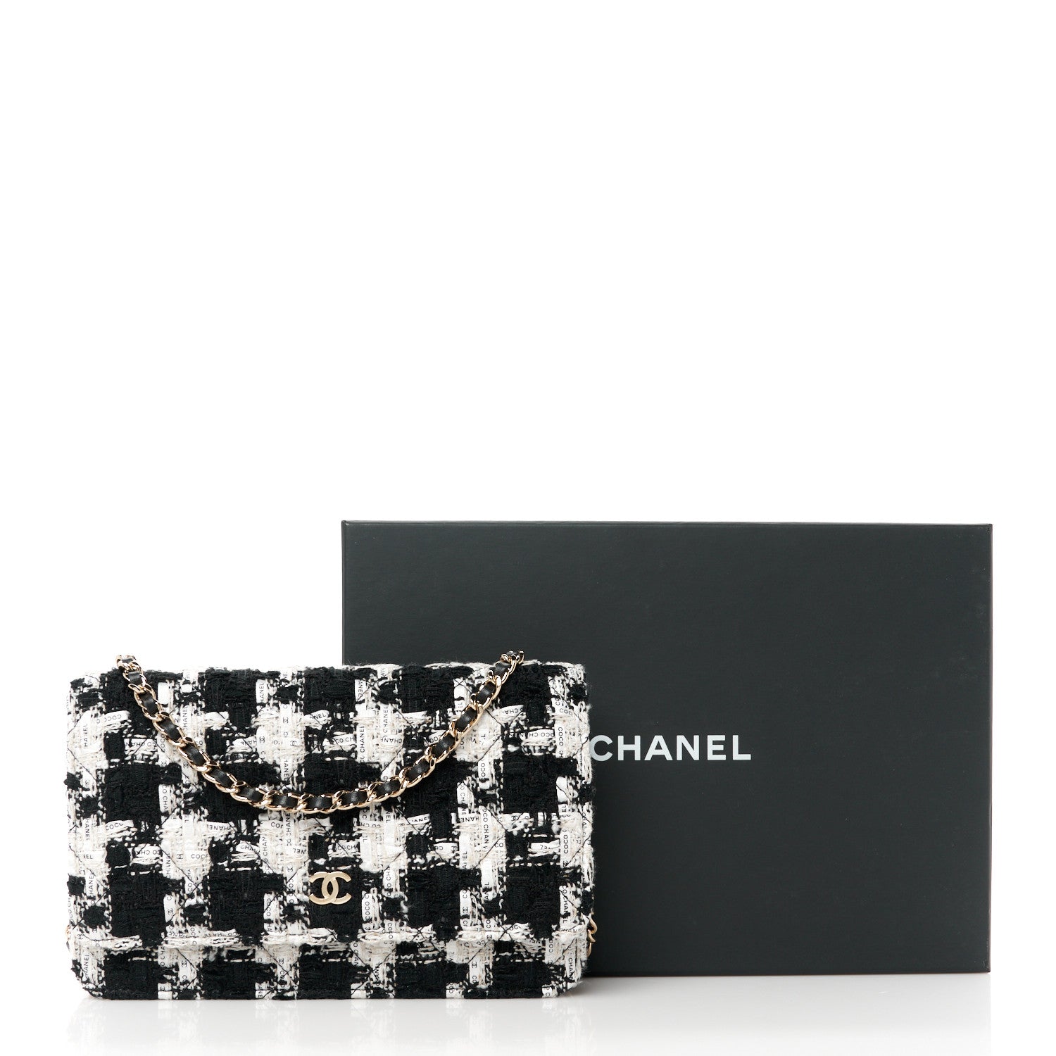 Chanel Tweed Quilted Wallet On Chain WOC Black Ecru White 11 of 11