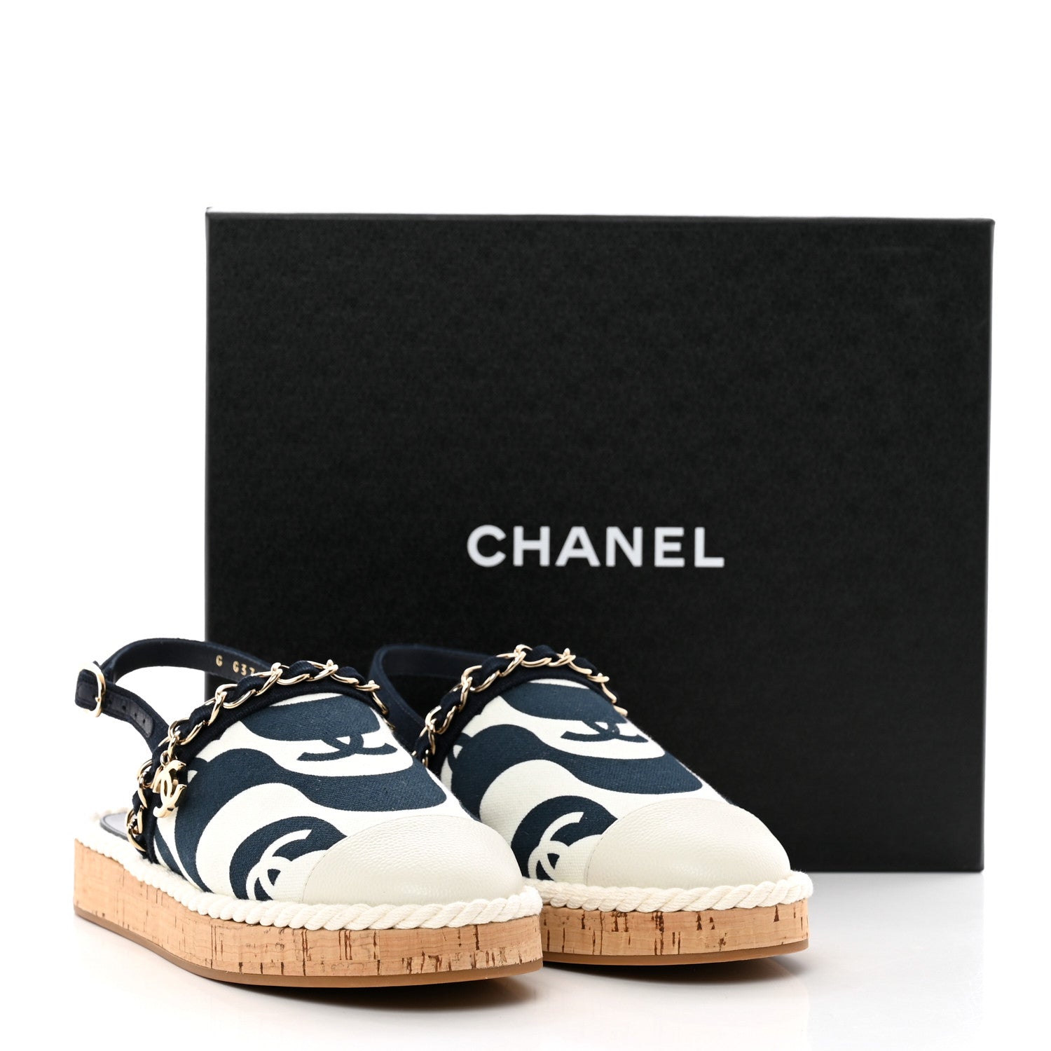 Chanel Lambskin Cotton Cork Printed Cap Toe Chain Mules Sandals 37 Navy White 9 of 9