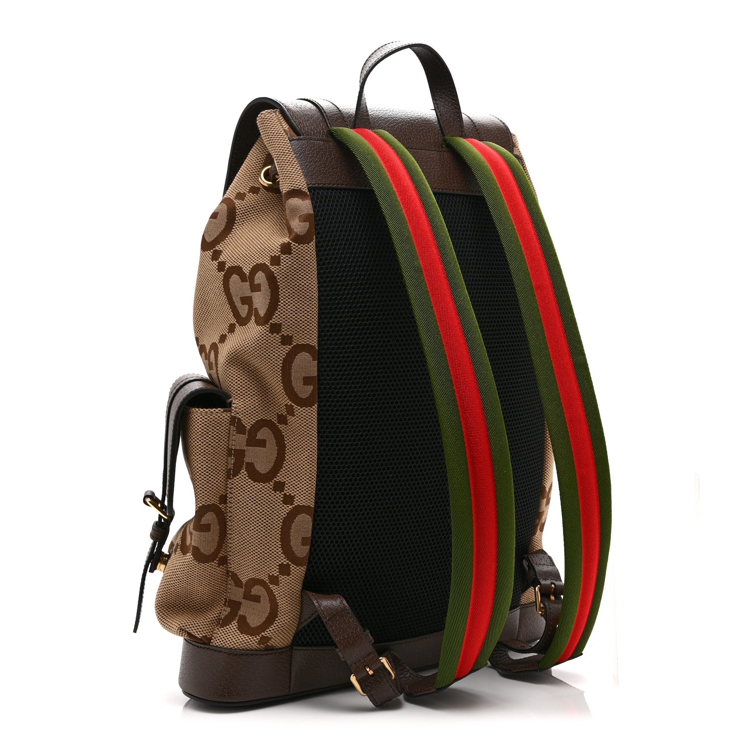 Gucci Monogram Jumbo GG Textured Dollar Calfskin Web Double Buckle Backpack Camel Ebony New Acero 3 of 11