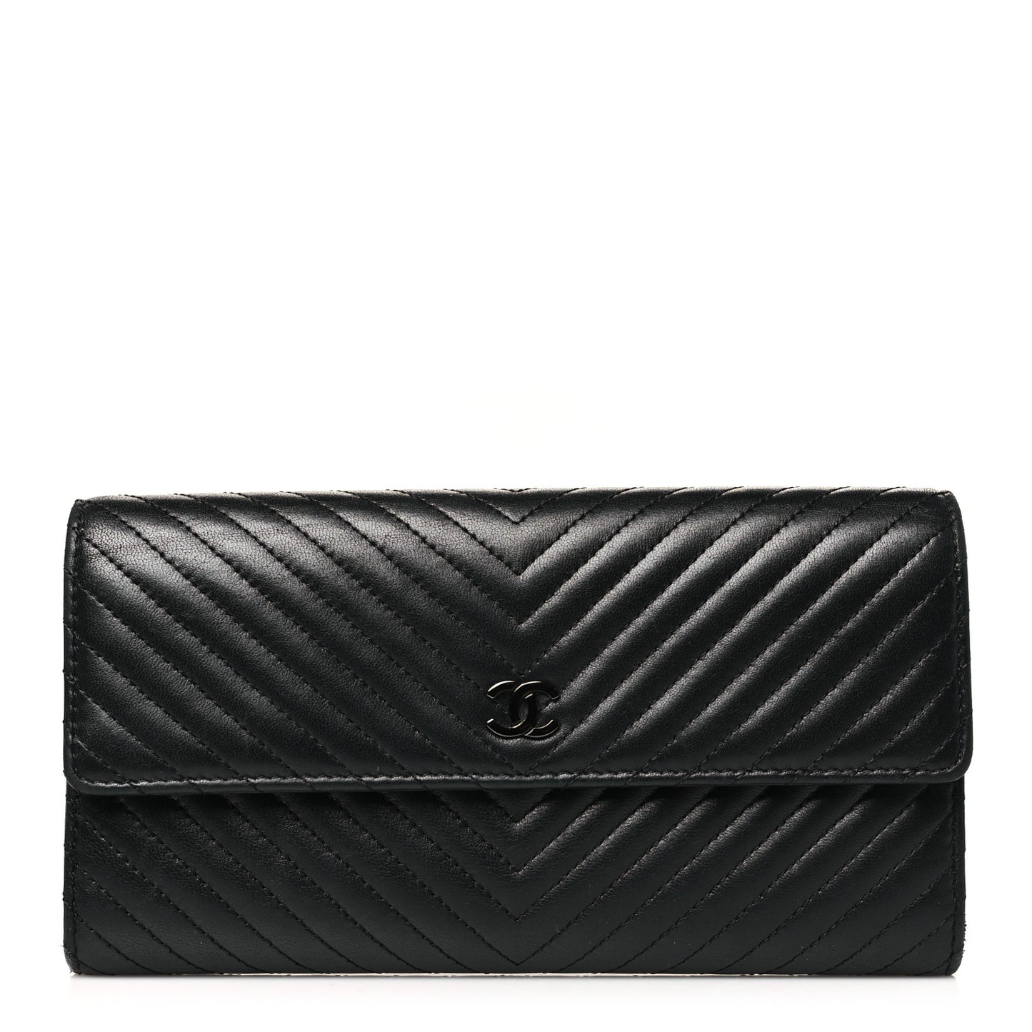 Lambskin Chevron Quilted Large Gusset Flap Wallet So Black