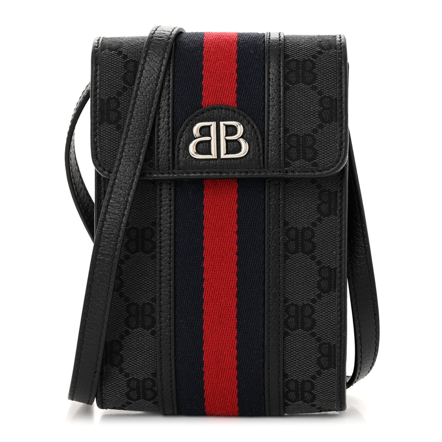 X BALENCIAGA BB Monogram Web Ophidia Phone Crossbody Bag Black