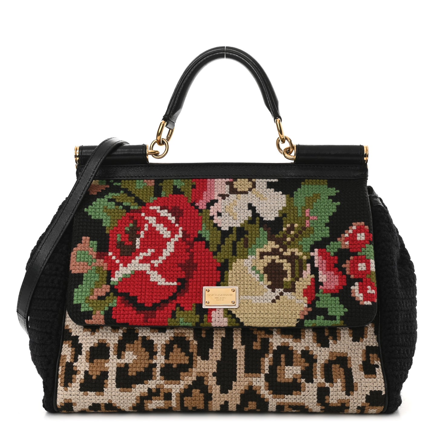 Crochet Embroidered Floral Leopard Print Miss Sicily Top Handle Flap Black Multicolor