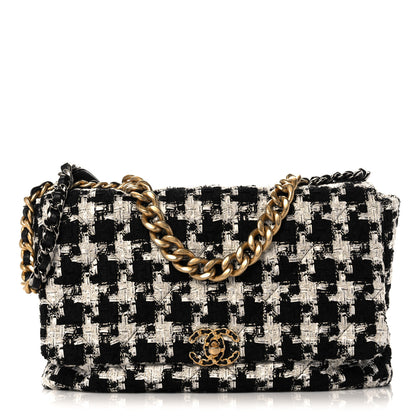 Chanel Tweed Quilted Maxi Chanel 19 Flap Black Ecru White 1 of 11