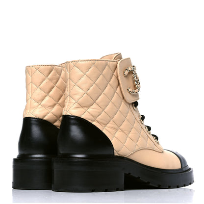 Chanel Lambskin Calfskin Quilted Lace Up Combat Boots 37.5 Beige Black 3 of 6