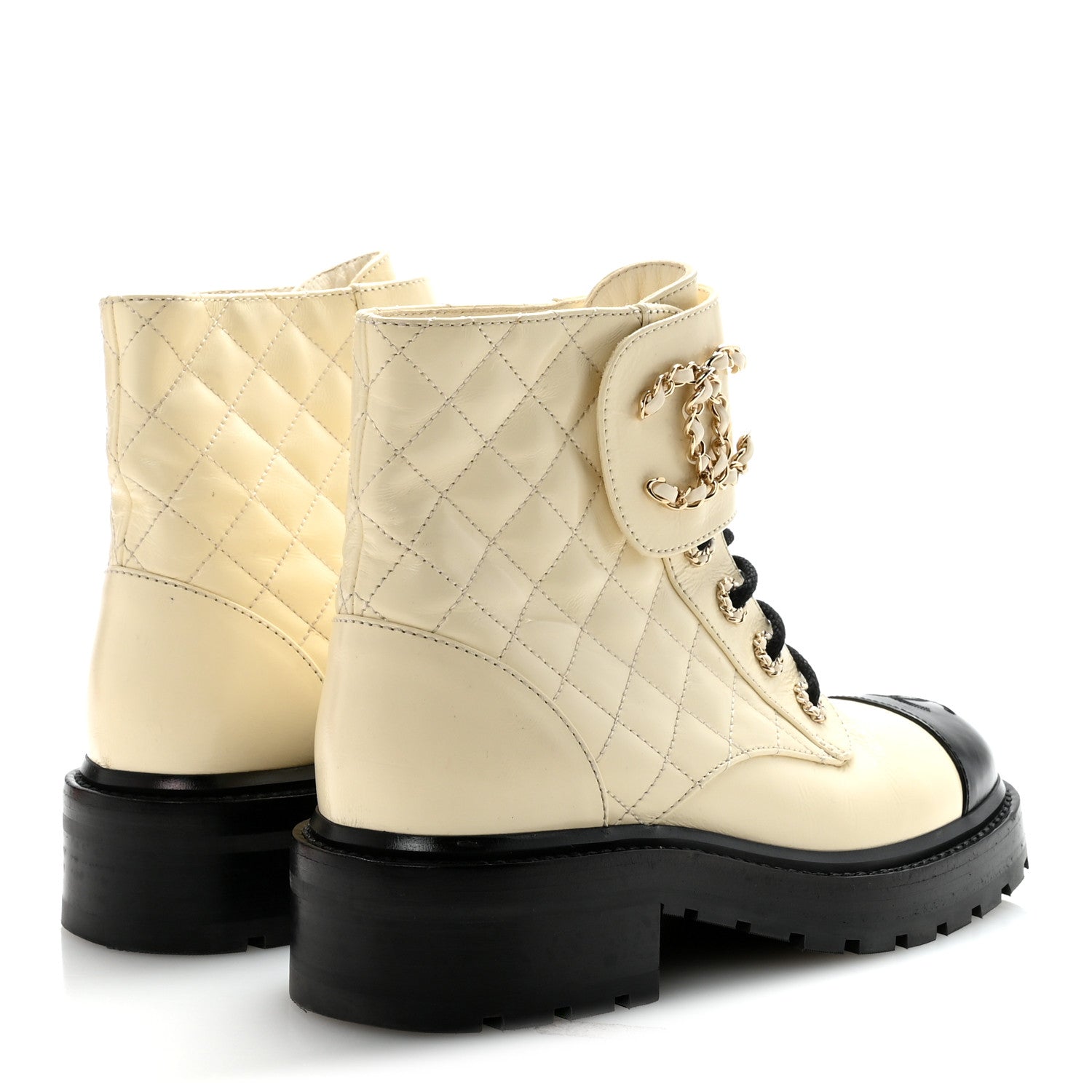 Chanel Shiny Goatskin Calfskin Quilted Lace Up Combat Boots 36 Ivory Black 9 of 18
