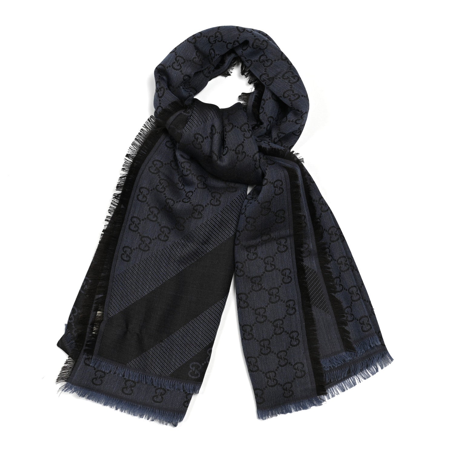 Gucci Wool Silk Monogram Fringe Scarf Navy Blue 1 of 3