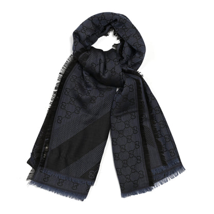 Gucci Wool Silk Monogram Fringe Scarf Navy Blue 1 of 3