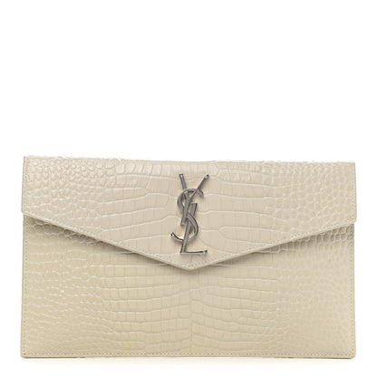 Saint Laurent Calfskin Crocodile Embossed Uptown Monogram Pouch Crema Soft 1 of 7