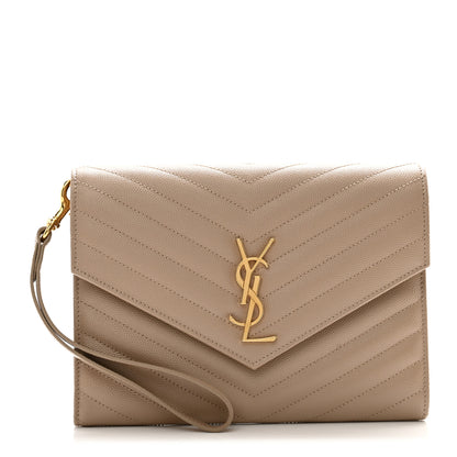 Saint Laurent Grain De Poudre Matelasse Chevron Monogram Envelope Clutch Dark Beige 1 of 7