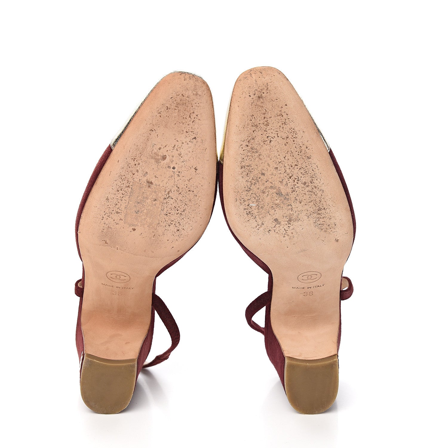 Chanel Kid Suede Metallic Lambskin Cap Toe CC Slingback Pumps 36 Burgundy Gold 5 of 9